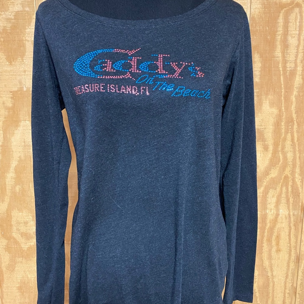 Women’s Caddy’s Treasure Island, FL long sleeve tee shirt scoop neck, gray, new